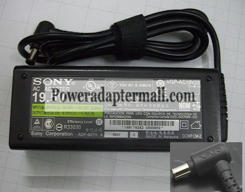 Original 90W Sony Vaio VGP-AC19V34 AC Power Adapter Charger